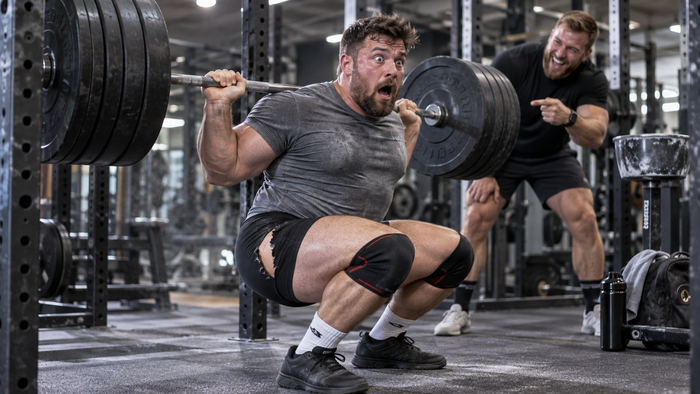 Lifter reacting as his shorts split during a heavy 150kg squat while his spotter laughs.
