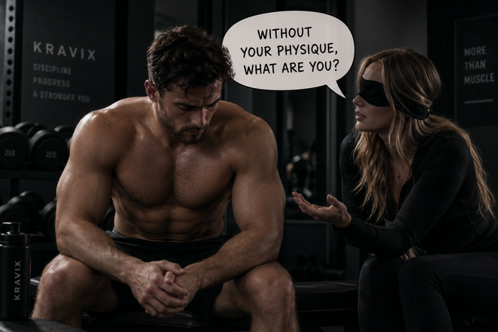 Muscular man sitting in a gym as a blindfolded woman asks, “Without your physique, what are you?” representing gym identity, body image and self-worth.