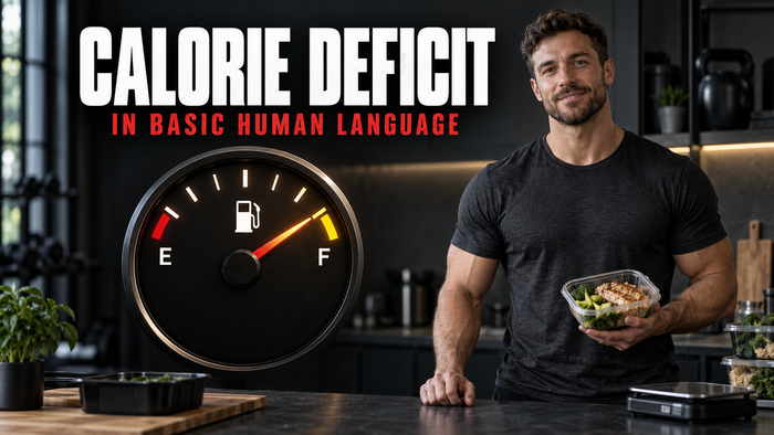 Man holding a healthy meal beside a fuel gauge, with the title Calorie Deficit in Basic Human Language