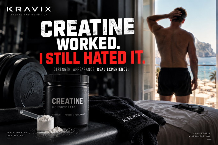Creatine monohydrate beside gym weights with a man overlooking a beach, illustrating creatine weight gain, body image and personal experience