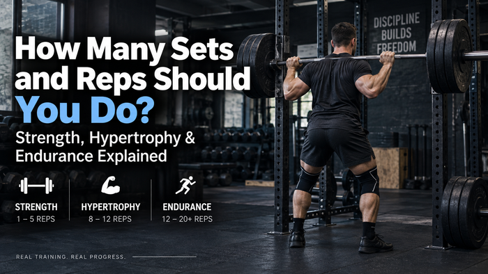 Lifter preparing for a barbell squat, illustrating sets and rep ranges for strength, hypertrophy and muscular endurance.