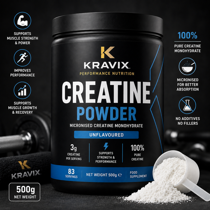 KRAVIX Creatine Powder – 500g supplement product packaging