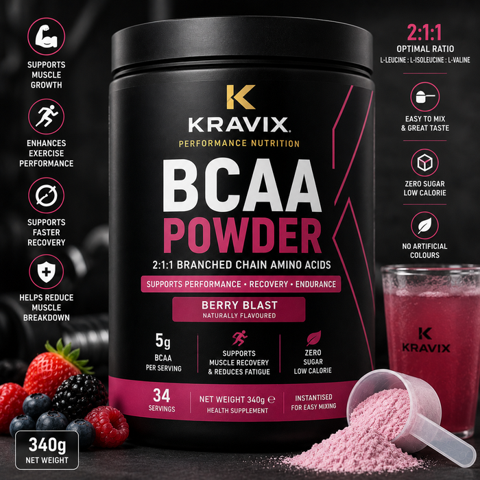 KRAVIX BCAA Powder – 340g supplement product packaging