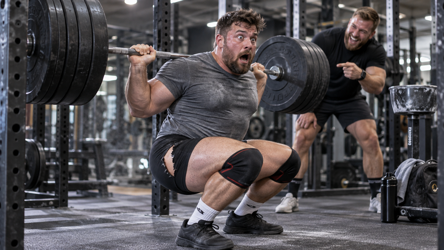 Lifter reacting as his shorts split during a heavy 150kg squat while his spotter laughs.