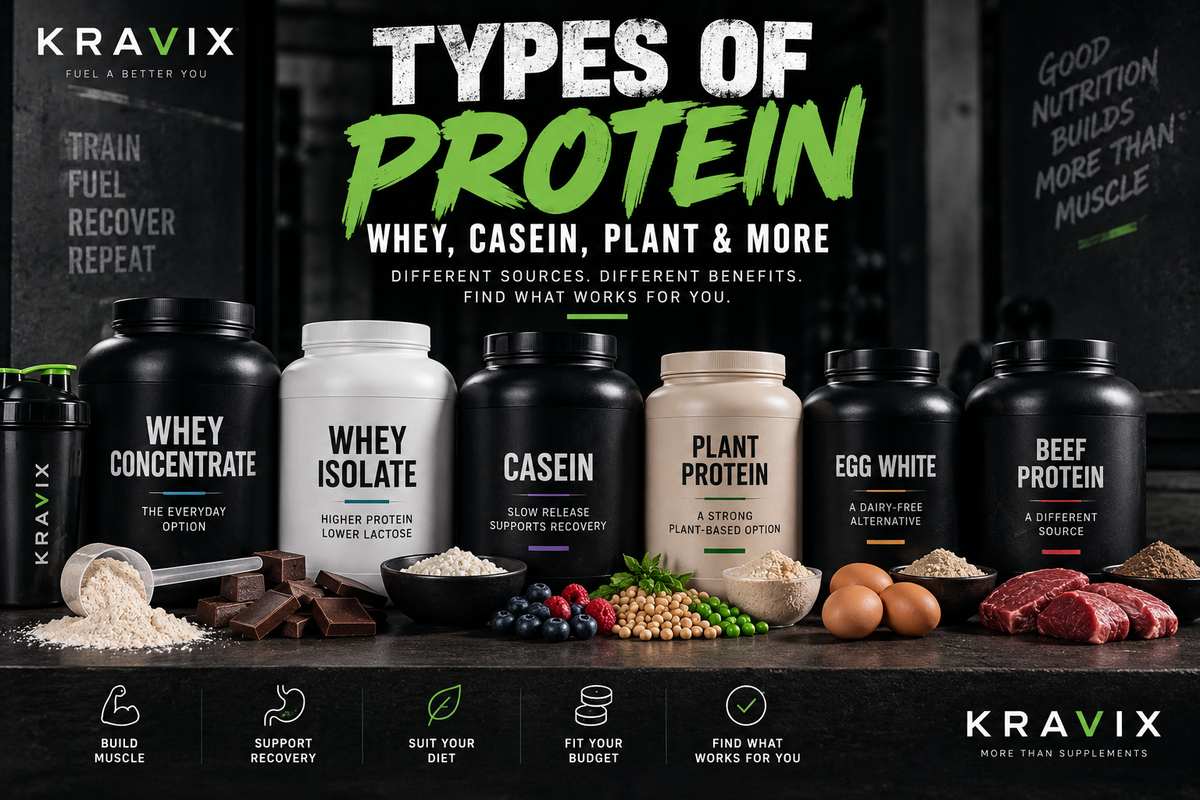 Whey, casein and plant protein powders displayed side by side