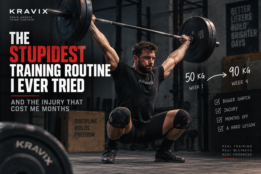 Weightlifter performing an Olympic snatch during an intense training routine