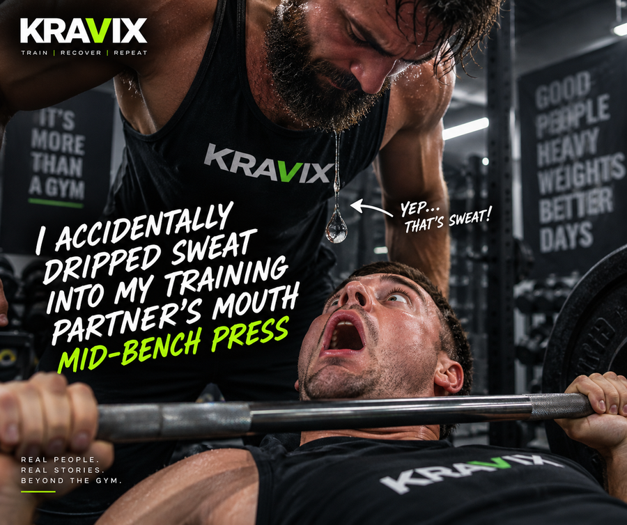 Gym spotter accidentally dripping sweat while helping a training partner bench press