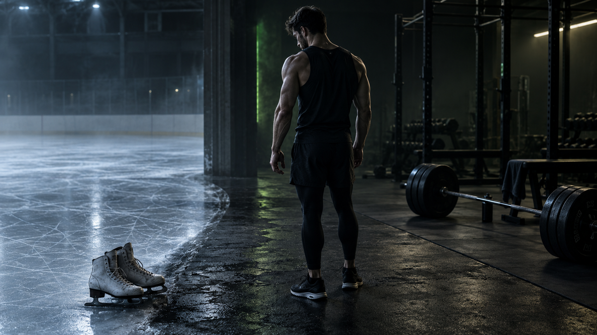 Man standing between an ice rink and a gym, representing competitive figure skating, strength training and the pressure to always improve
