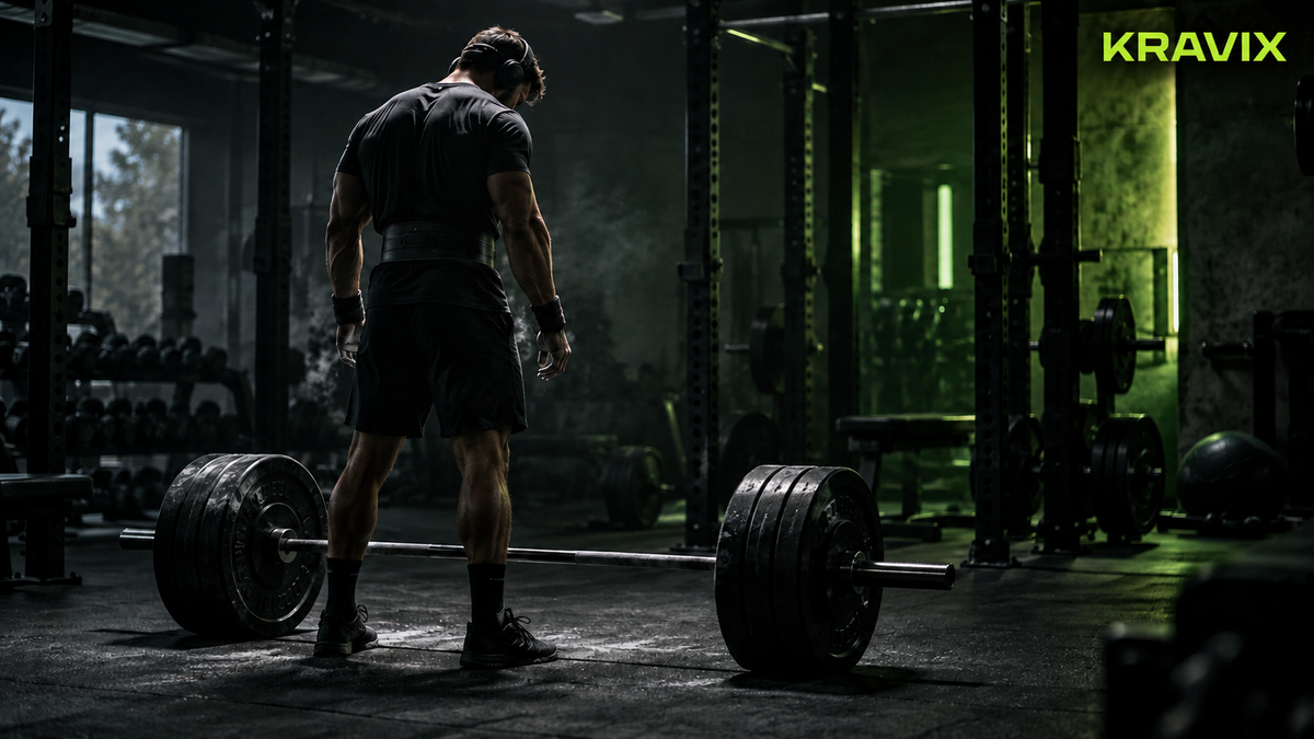Kravix lifter wearing headphones preparing to deadlift in a dark gym, representing training as peace during emotional overwhelm