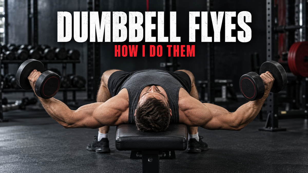 Muscular man performing a controlled dumbbell chest fly on a flat bench, with the title Dumbbell Flyes: How I Do Them