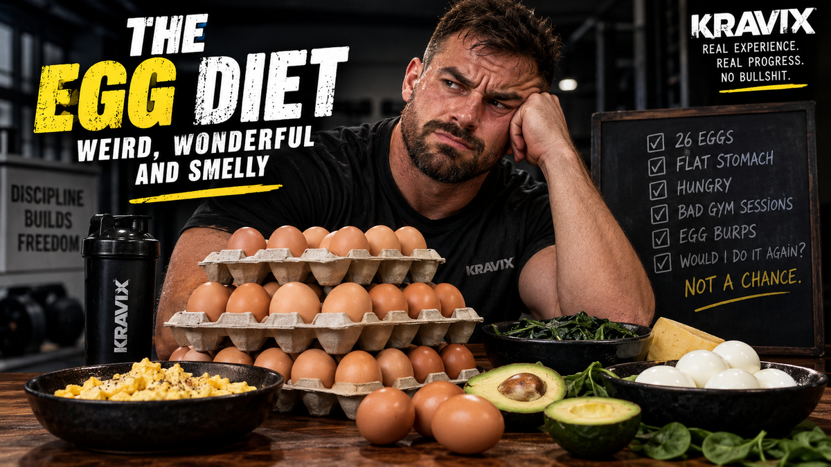 The Egg Diet — Kravix article image showing a muscular man surrounded by eggs, avocado and spinach with a humorous 26-eggs-a-day checklist
