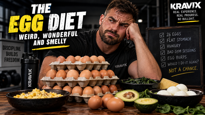 The Egg Diet — Kravix article image showing a muscular man surrounded by eggs, avocado and spinach with a humorous 26-eggs-a-day checklist