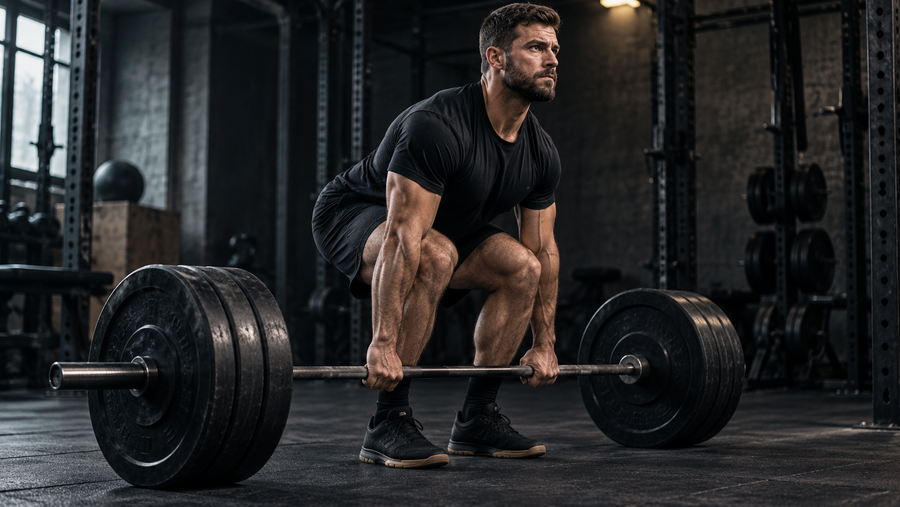 Conventional barbell deadlift setup with the bar close to the shins