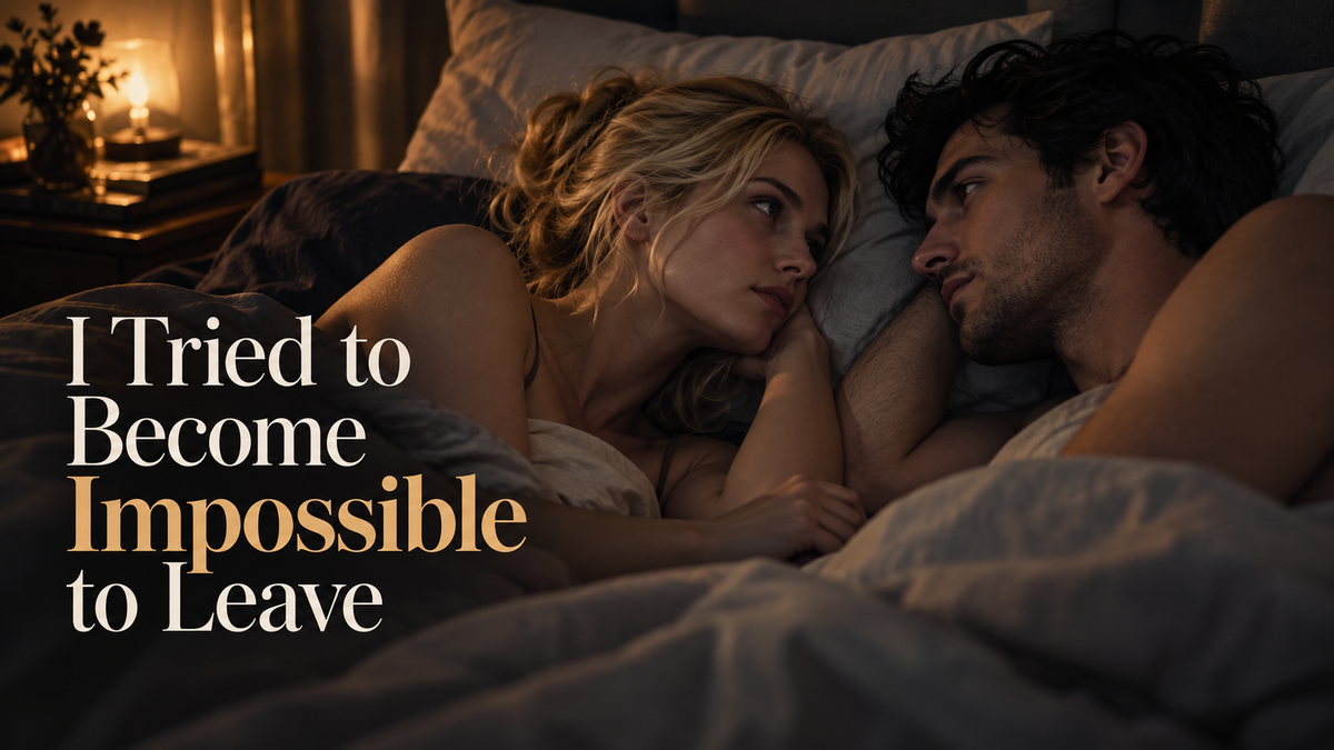 Blonde woman and dark-haired man lying in bed facing each other in a dimly lit bedroom, with the title I Tried to Become Impossible to Leave.