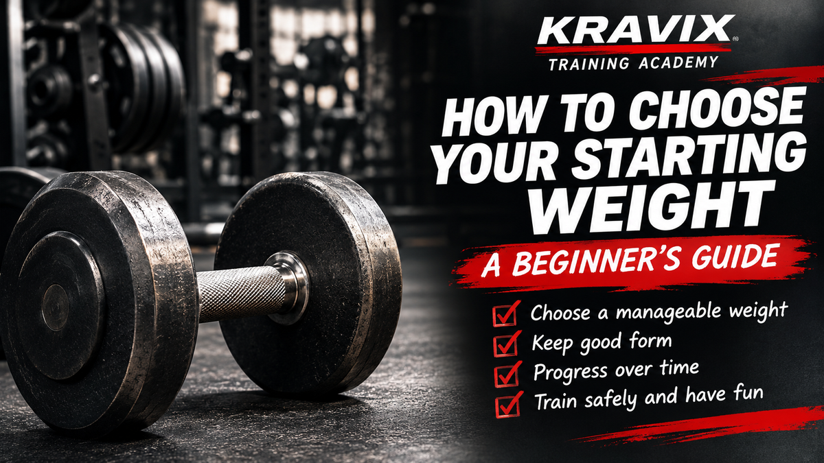 Kravix beginner gym guide to choosing a starting weight, with dumbbell and four safe lifting tips