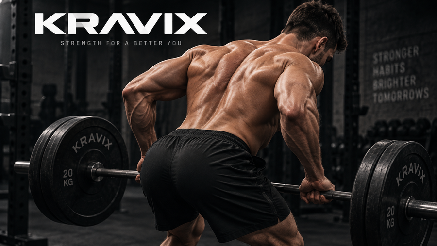Bent-over barbell row showing back muscles during the exercise | KRAVIX