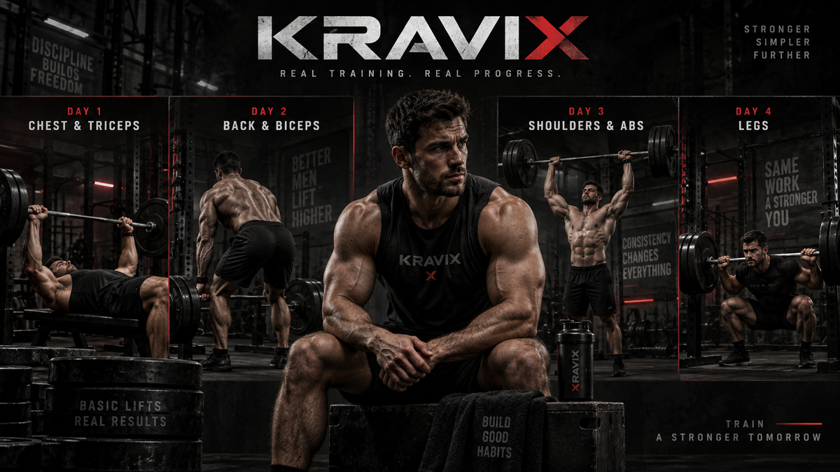 Kravix training routine featuring bench press, deadlift, overhead press and squat, representing the four-day routine I started with.
