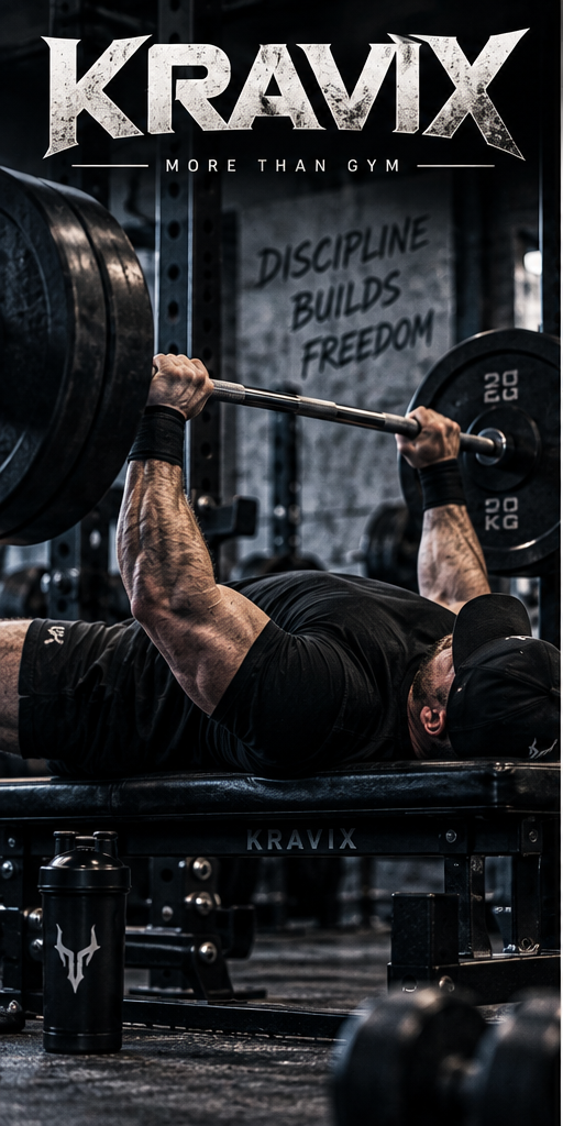Barbell bench press setup and technique shown in a Kravix training guide