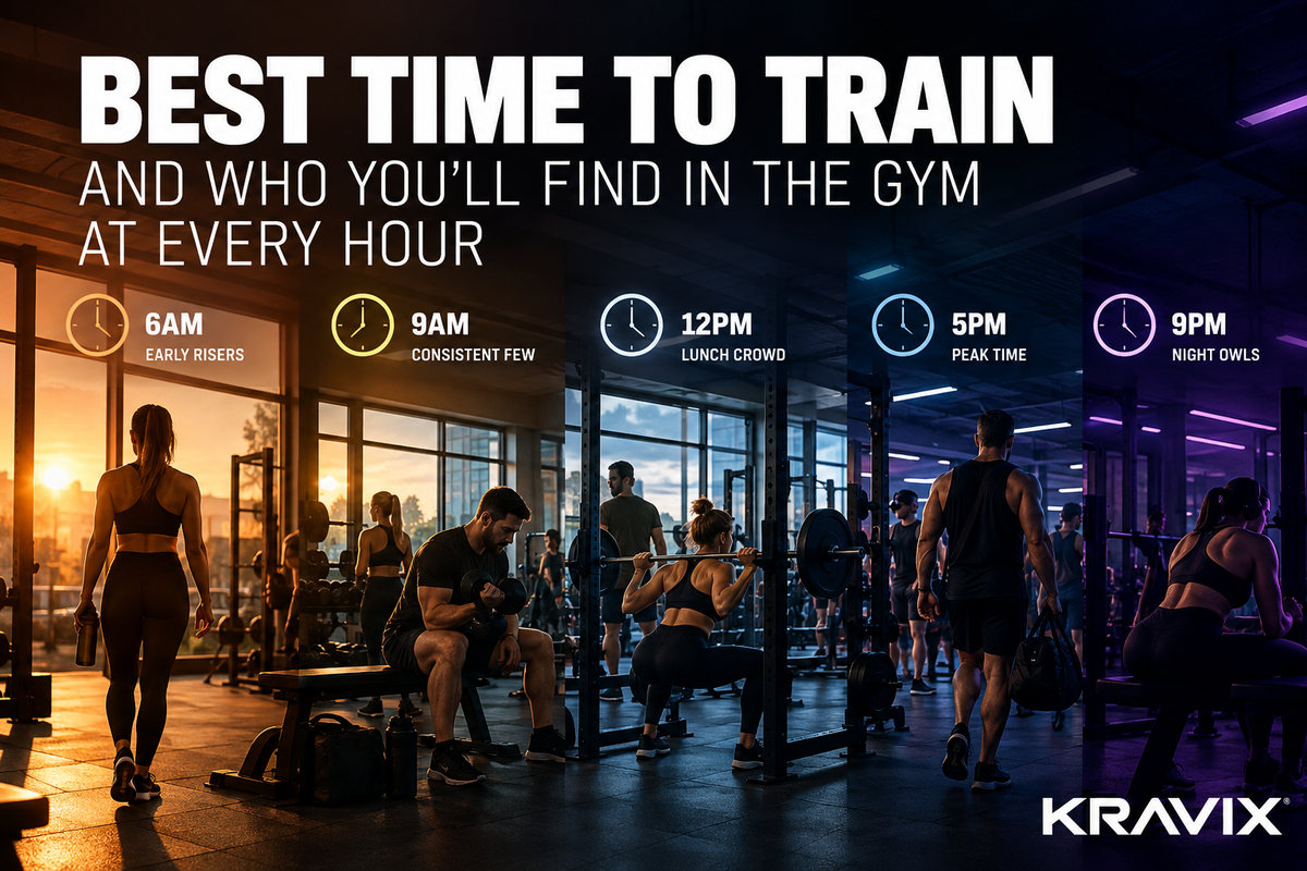 Kravix gym training times infographic showing early morning, midday, evening peak and late-night gym crowds.