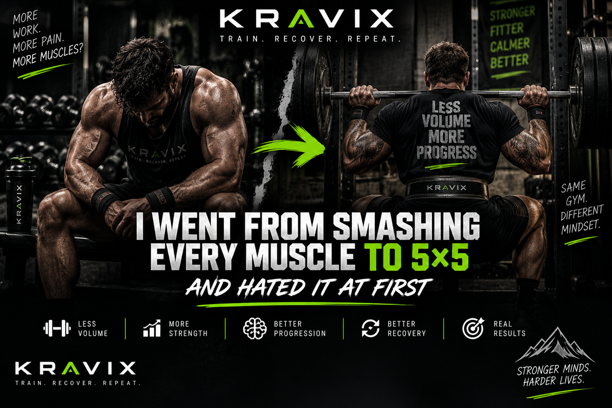 Kravix bro split to 5x5 strength training progression, showing the shift from high-volume muscle training to structured strength work