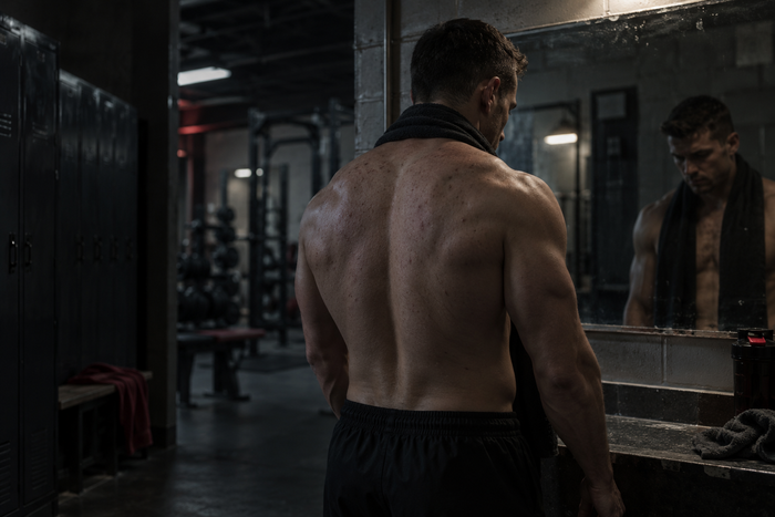 Muscular man examining his reflection in a dark gym while confronting the side effects of performance-enhancing drugs