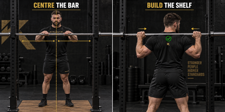 Kravix illustration showing how to centre the bar and create a tight upper-back shelf for a squat
