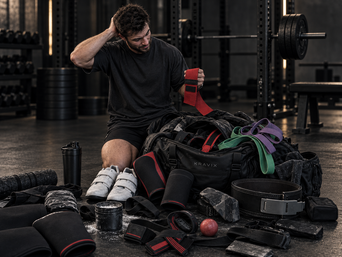 Lifter beside an overflowing gym bag filled with belts, wraps, sleeves, bands and lifting shoes