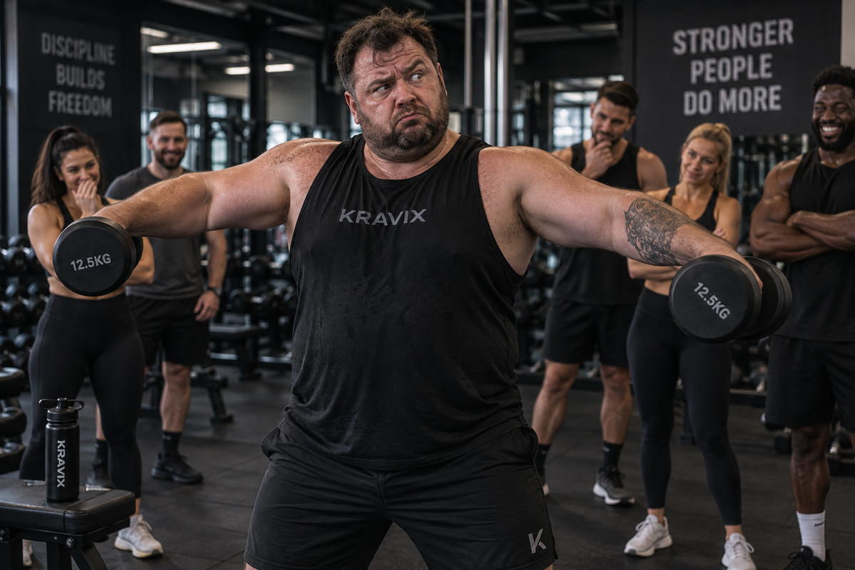 Heavyset lifter performing dumbbell lateral raises in a gym, illustrating lateral raise variations for shoulder training.