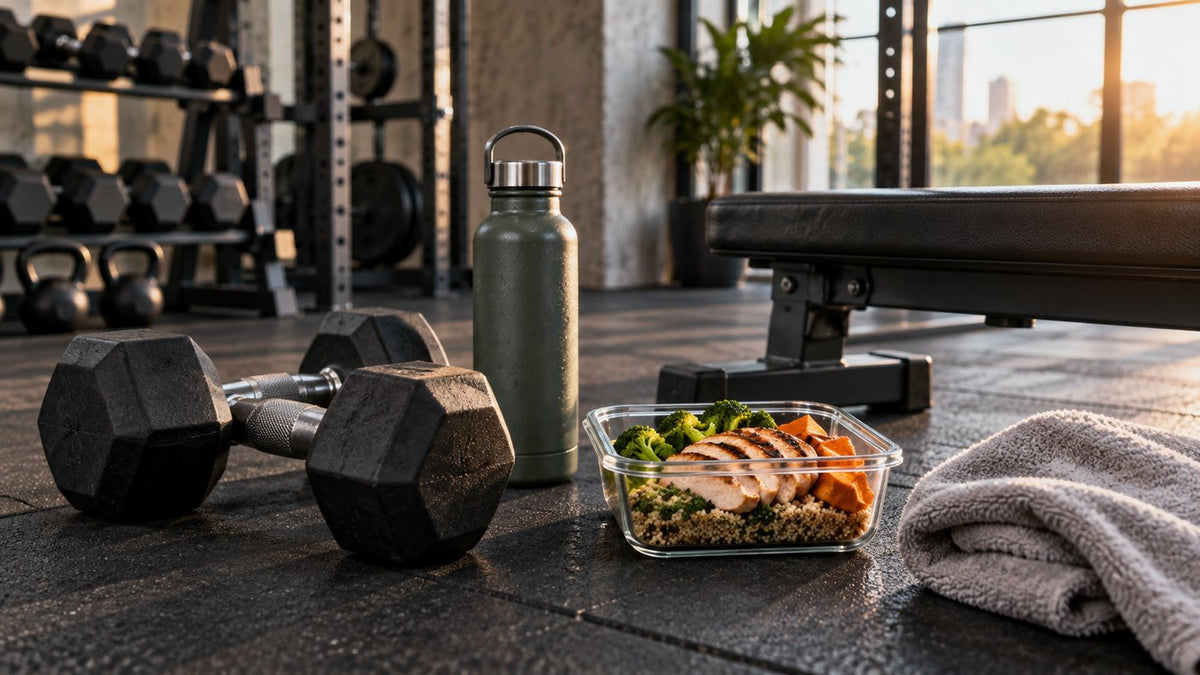 Healthy meal prep, dumbbells, water bottle and towel on a gym floor beside a bench, representing practical weight loss and fitness habits.