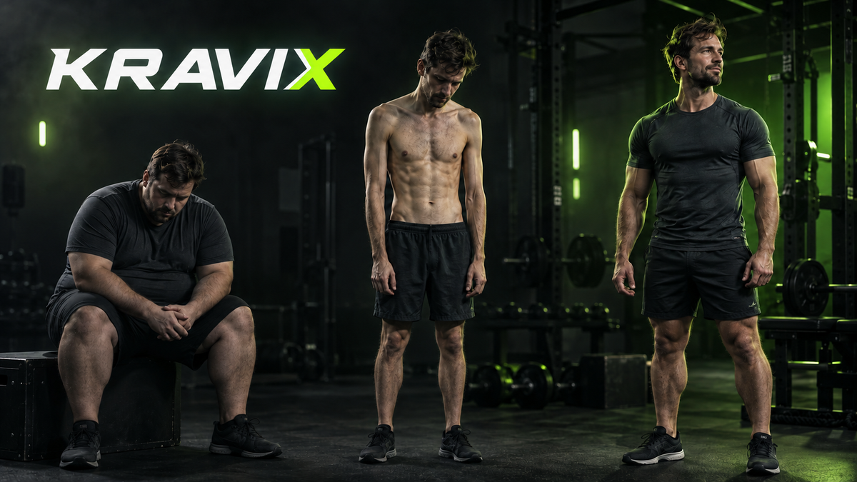 Three stages of a man's weight-loss journey, progressing from overweight to extremely thin and finally strong and moderately lean.