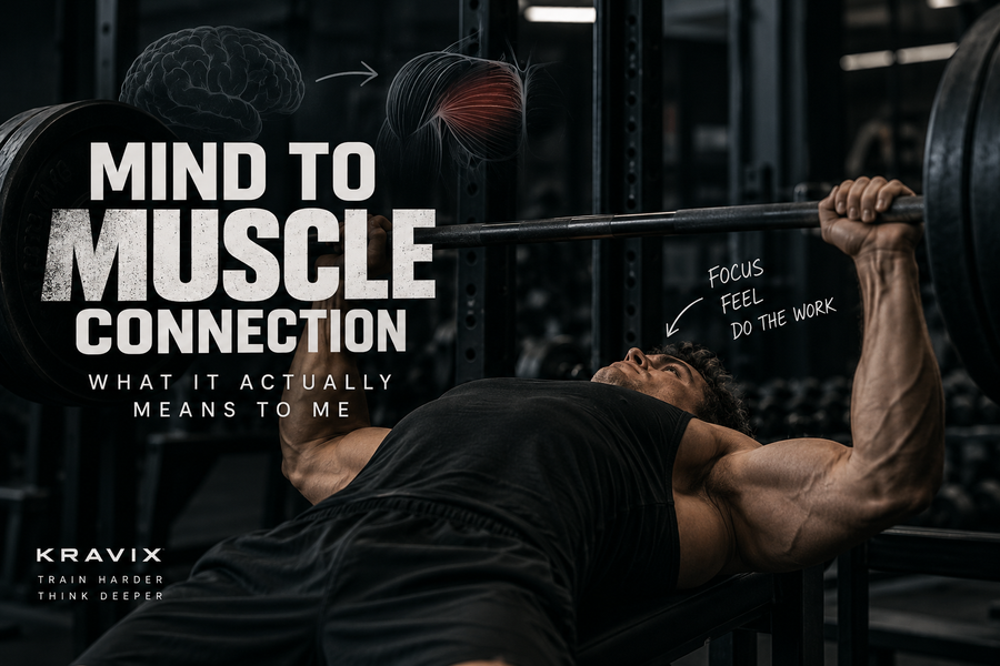 Muscular lifter bench pressing in a dark gym, illustrating mind-to-muscle connection and focused chest training.