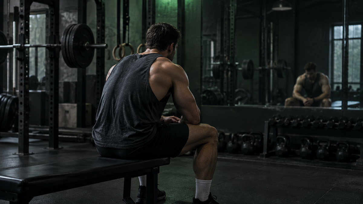 Muscular man sitting alone in a quiet gym, reflecting on isolation, body image and finding balance beyond weightlifting
