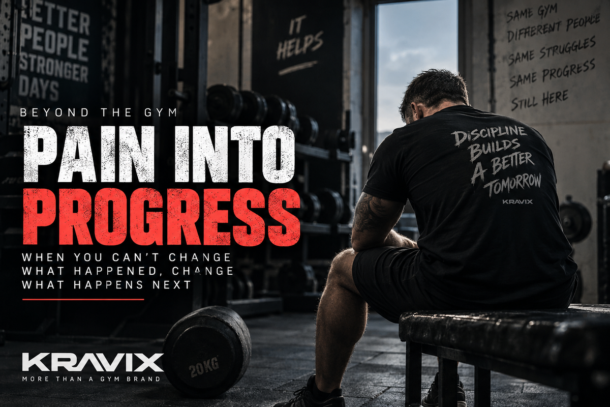 Pain Into Progress — a man sitting in a gym reflecting after training, representing gym, mental health, resilience and personal progress.