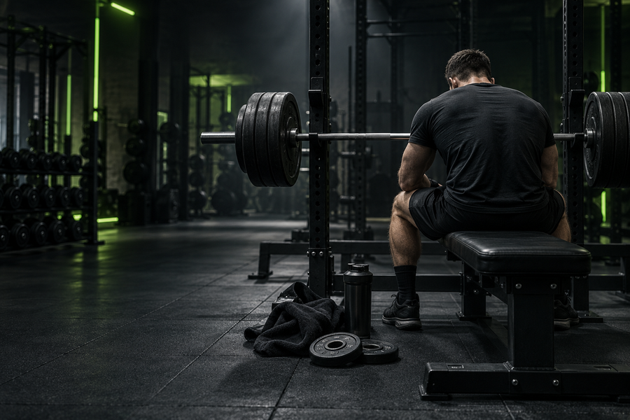 Lifter preparing beneath a loaded bench press with small plates ready for progressive overload
