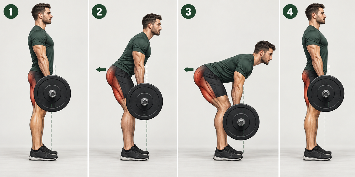Four-step Romanian deadlift technique showing the hip hinge, neutral spine and bar path