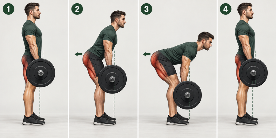 Four-step Romanian deadlift technique showing the hip hinge, neutral spine and bar path