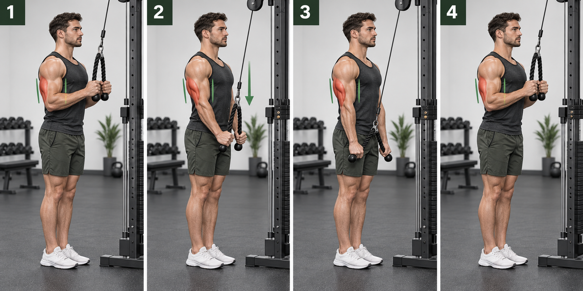 Four-step rope tricep pushdown showing the setup, elbow extension, separated rope finish and controlled return