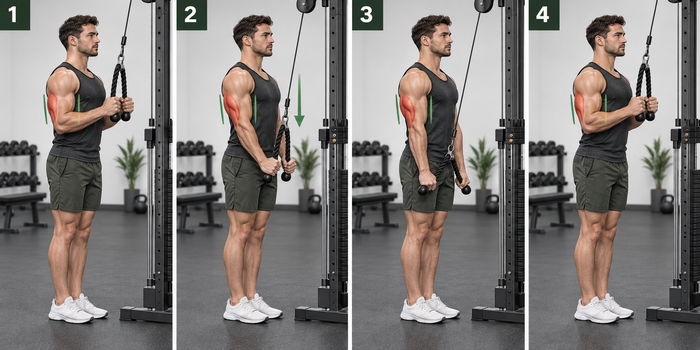 Four-step rope tricep pushdown showing the setup, elbow extension, separated rope finish and controlled return