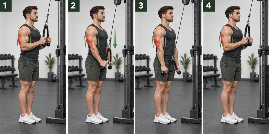 Four-step rope tricep pushdown showing the setup, elbow extension, separated rope finish and controlled return