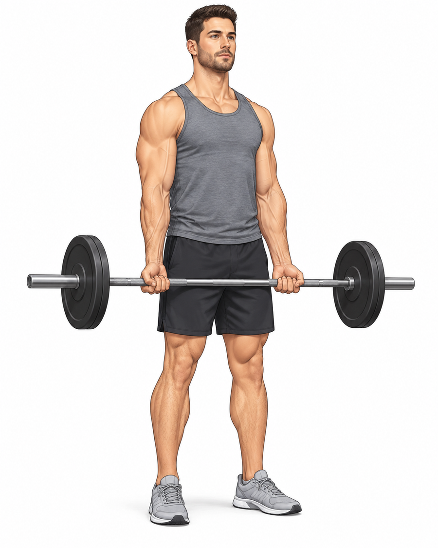 Straight bar barbell curl form showing the starting position with elbows tucked