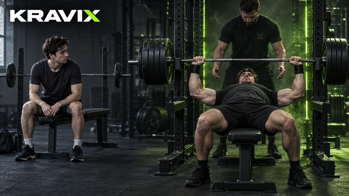 Beginner lifter watching his experienced future self perform a heavy bench press after ten years of strength training.