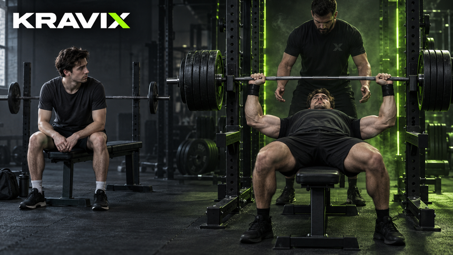 Beginner lifter watching his experienced future self perform a heavy bench press after ten years of strength training.