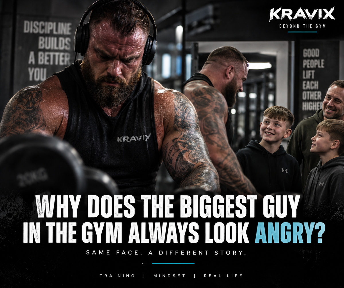 Muscular gym lifter training intensely while being approachable to younger gym beginners - Kravix Beyond the Gym