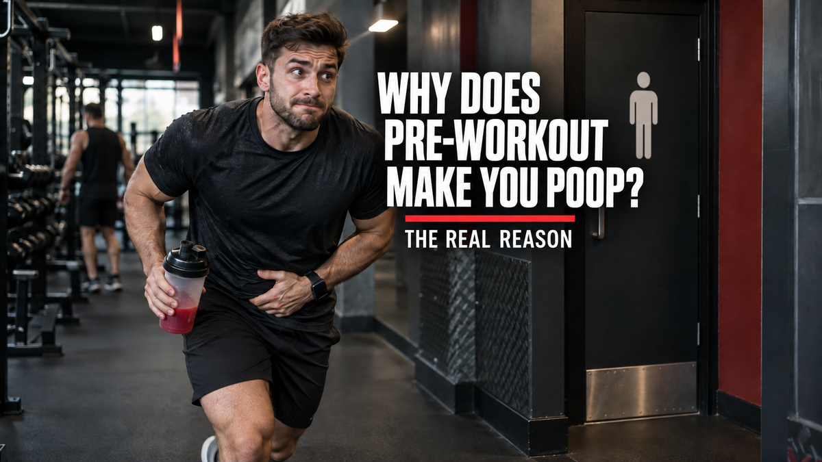 Why does pre-workout make you poop? Gym-goer rushing towards the toilet with a pre-workout shaker