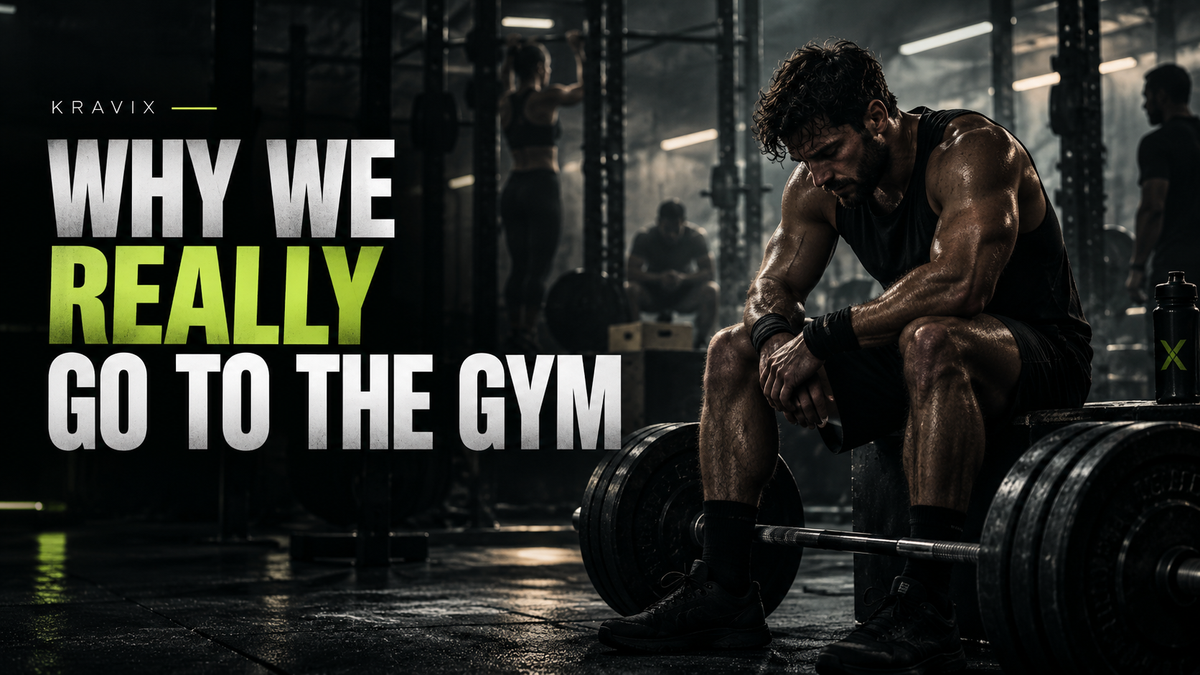 Muscular man sitting beside a loaded barbell in a dark gym under the title Why We Really Go to the Gym – Kravix