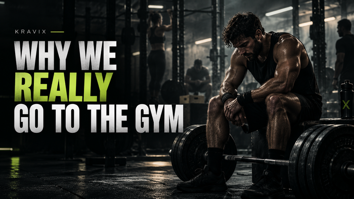 Muscular man sitting beside a loaded barbell in a dark gym under the title Why We Really Go to the Gym – Kravix