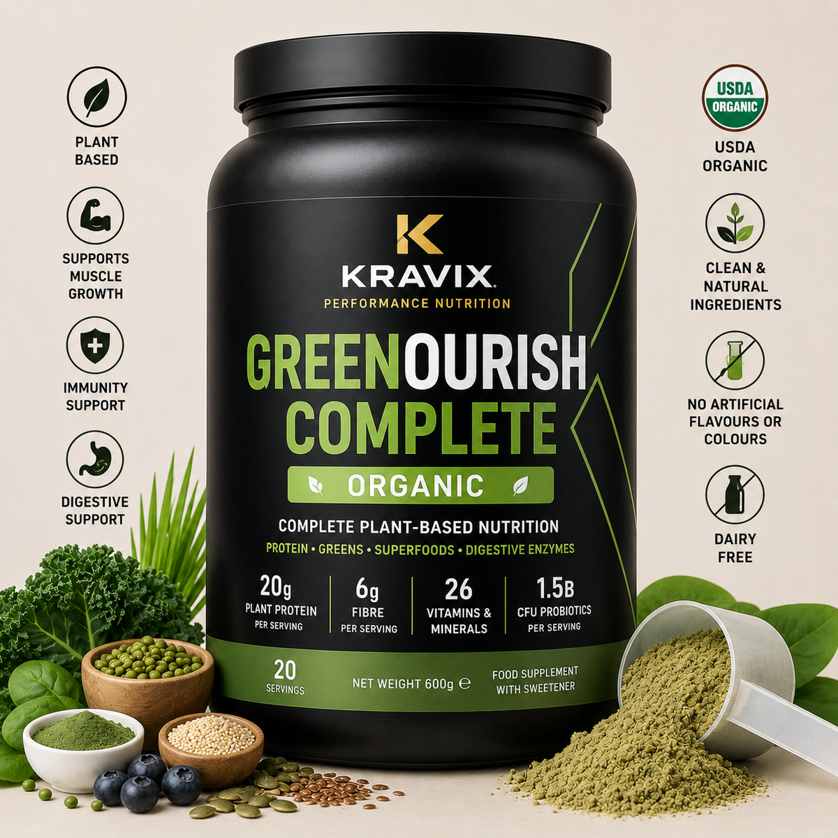 A black tub of Kravix GreenNourish Complete Organic supplement powder, surrounded by green powder spilled onto a surface, with small bowls of ingredients and text callouts on the left and right.