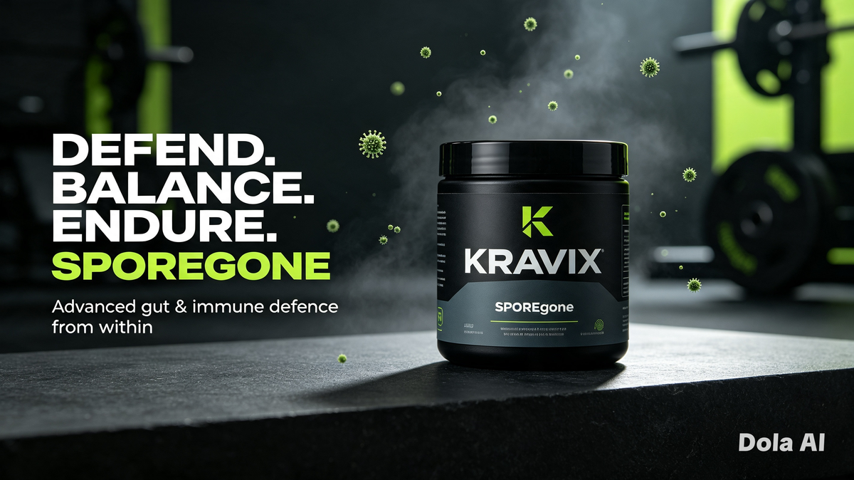 Kravix SPOREgone caprylic acid and bacteria culture supplement packaging