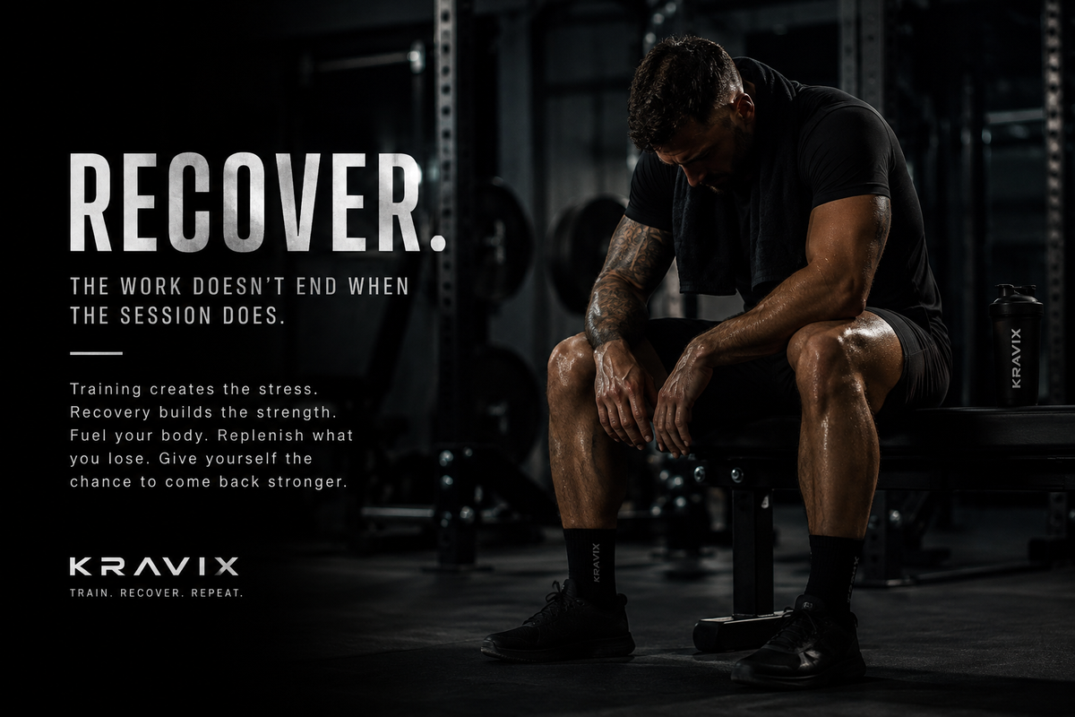 A man sits on a bench in a dark gym environment, wearing a black Kravix shirt, shorts, and socks, with a black water bottle beside him. Large white text on the left reads 'RECOVER.