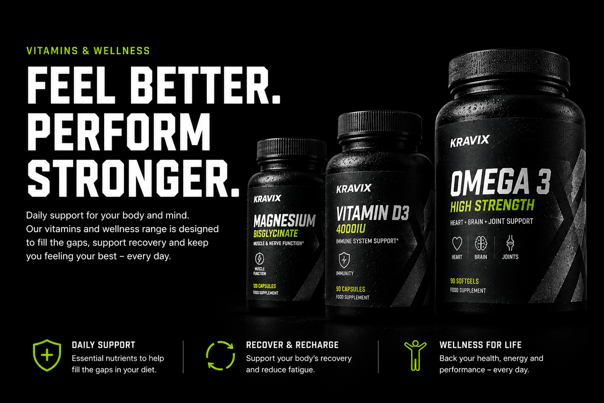Three black Kravix supplement bottles displayed on a black background with large white and green marketing text. The bottles are labeled Magnesium Bisglycate, Vitamin D3 4000IU, and Omega 3 High Strength.
